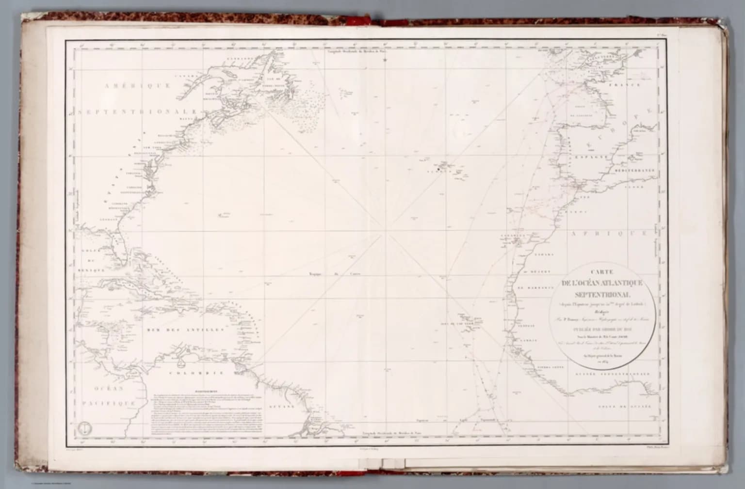 François Jacob - Carte de l'Océan Atlantique Septentrional (depuis l'Equateur jusqu'au 52 ème degré de Latitude). Rédigée par P. Daussy Ingénieur Hydrographe en chef de la Marine. Publiée par Ordre du