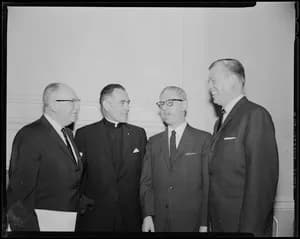 Dave Goldberg - Arthur J. Goldberg, center, chats with Rev. Theodore M. Hesburgh, near left, and Jack Lescoulie, far right and another man