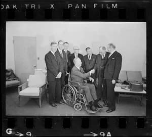 Konrad Emil Bloch - Konrad E. Bloch, James D. Watson, William P. Murphy, Mayor John Collins, Gov. John Volpe, Dr. John F. Enders, and Edward Weeks after Medal for Distinguished Achievement luncheon
