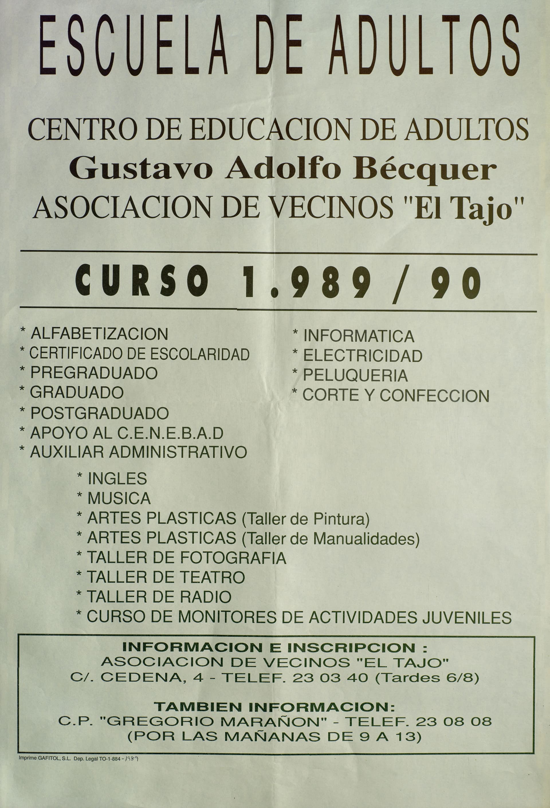 Gustavo Adolfo Bécquer - Escuela de Adultos [Material gráfico]: Centro de educación de adultos Gustavo Adolfo Bécquer : Asociación de vecinos "El Tajo", curso 1989/90 : [programación].