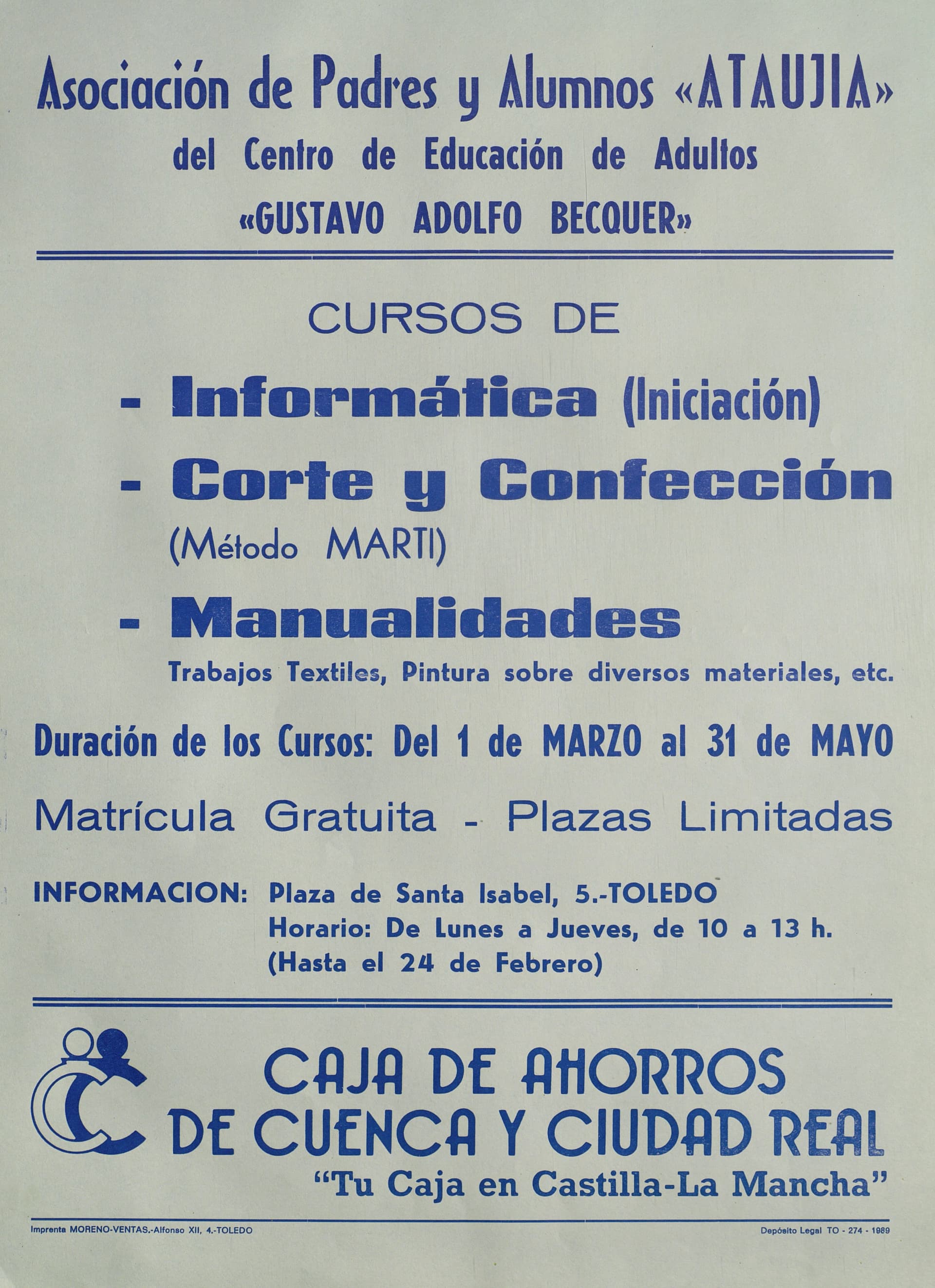 Gustavo Adolfo Bécquer - Cursos de Informática (iniciación), Corte y Confección, Manualidades [Material gráfico]: Asociación de Padres y Alumnos "Ataujía" del Centro de Educación de Adultos "Gustavo A