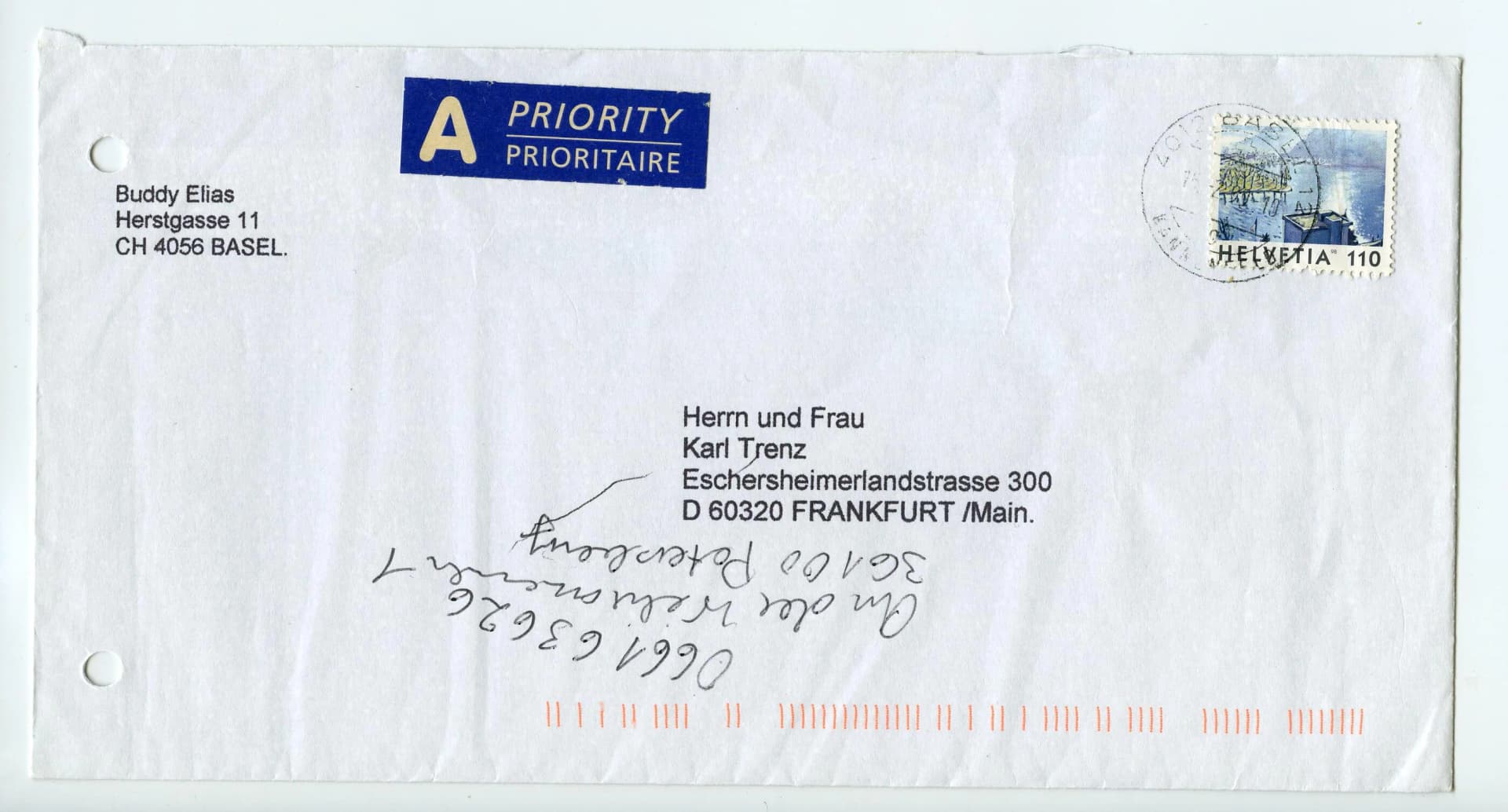 Eva Schloss - Enveloppe met twee foto's van Buddy Elias en Eva Schloss-Geiringer gericht aan Gertrud en Karl Trenz-Naumann, januari 1999