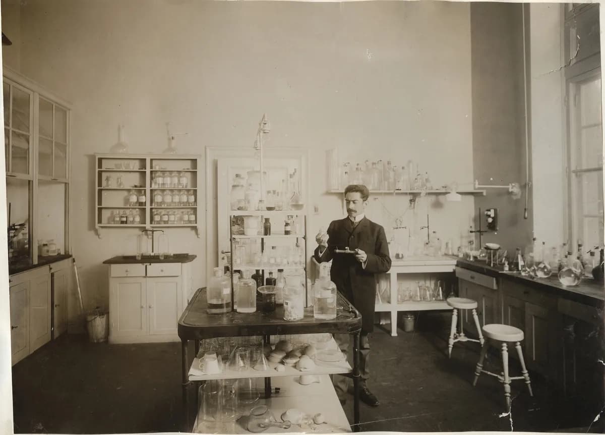Hans von Euler-Chelpin - Professor Hans von Euler-Chelpin  i sitt laboratorium i Stockholms Högskola.