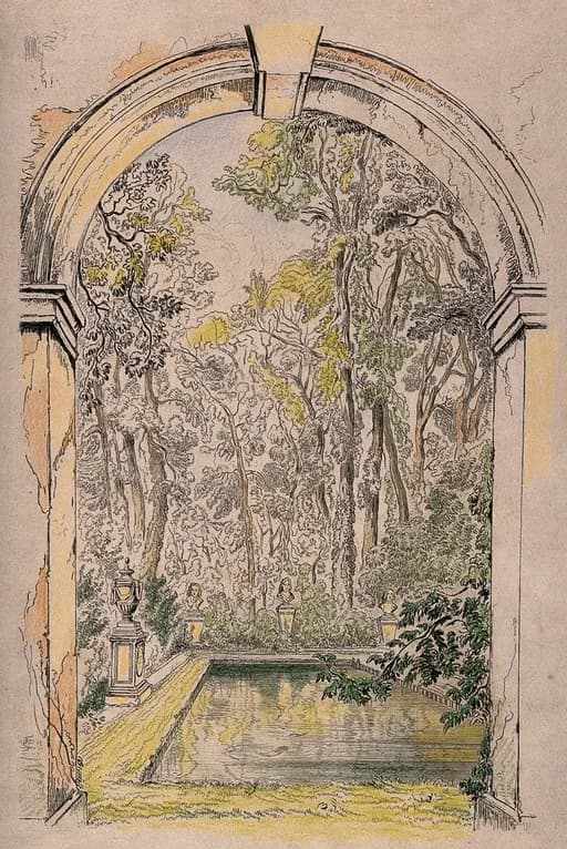 Joseph Murray - Christ Church, Oxford: the bath and gardens. Coloured etching by C.G. Lewis after J.M. Ince.