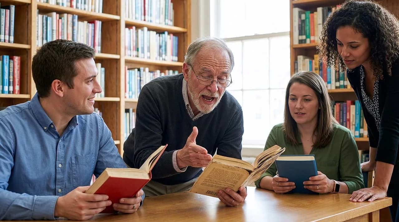 Masatoshi Koshiba — teaching, mentor, library, old book, wisdom, history, education, storytelling, students, academic, learning, bookshelf, interaction, focus, professor, literature, community, discovery, reading, engagement, ai generated