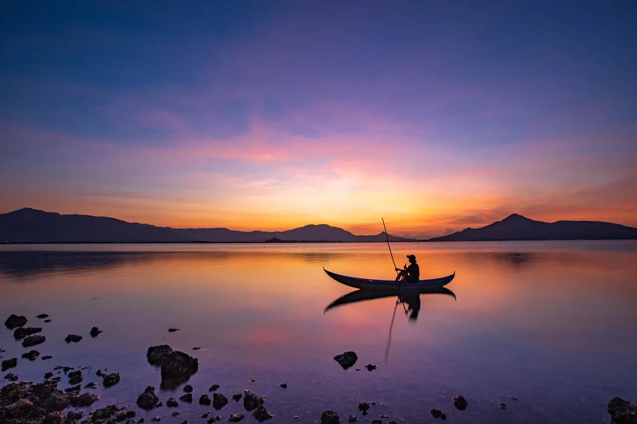 Doris F. Fisher — lake, boat, fisher, man, landscape, nature, sunset, sun, sea, boat, boat, boat, boat, boat, man, man, landscape, nature, sunset