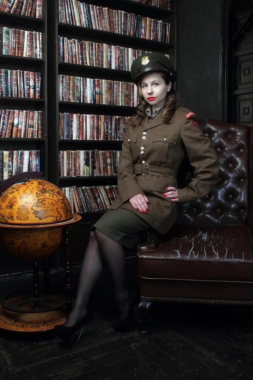 Hiroo Onoda — the second world war, military uniform, the officer, allies, english military uniform, history, props, reconstruction, cosplay, interior, mansion, retro, cabinet, library, woman, female officer, military, great britain
