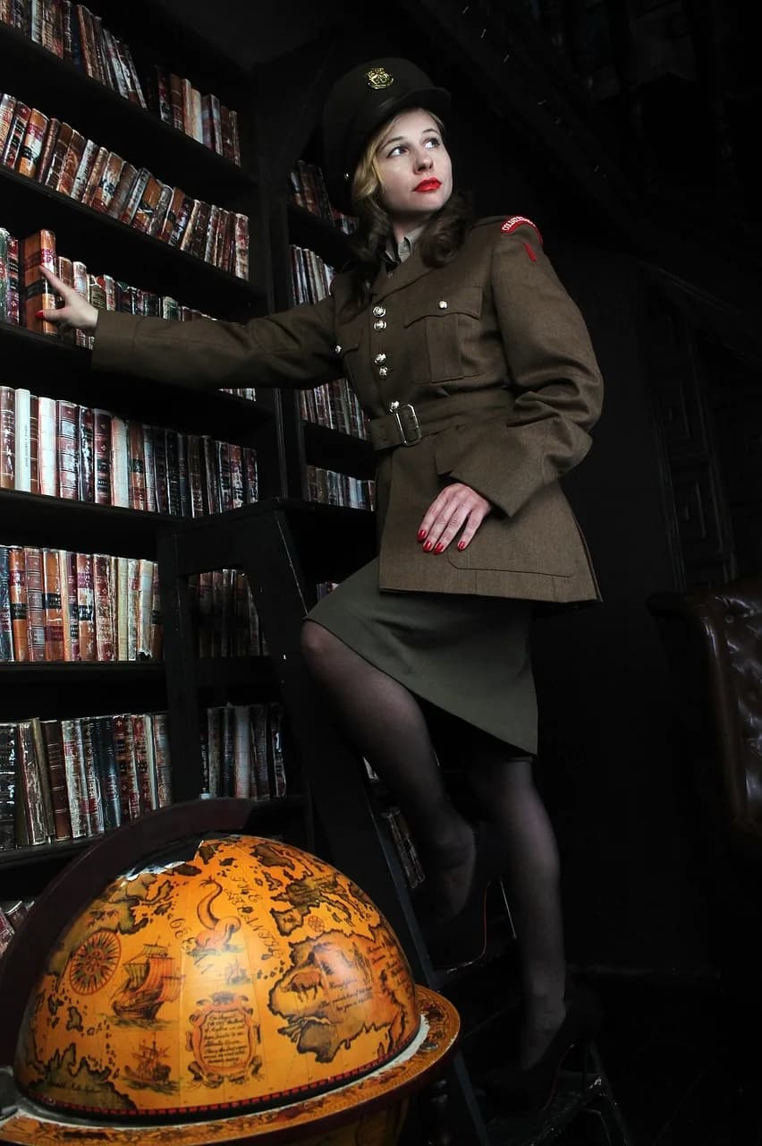 Hiroo Onoda — the second world war, military uniform, the officer, allies, english military uniform, history, props, reconstruction, cosplay, interior, mansion, retro, cabinet, library, woman, female officer, military, great britain