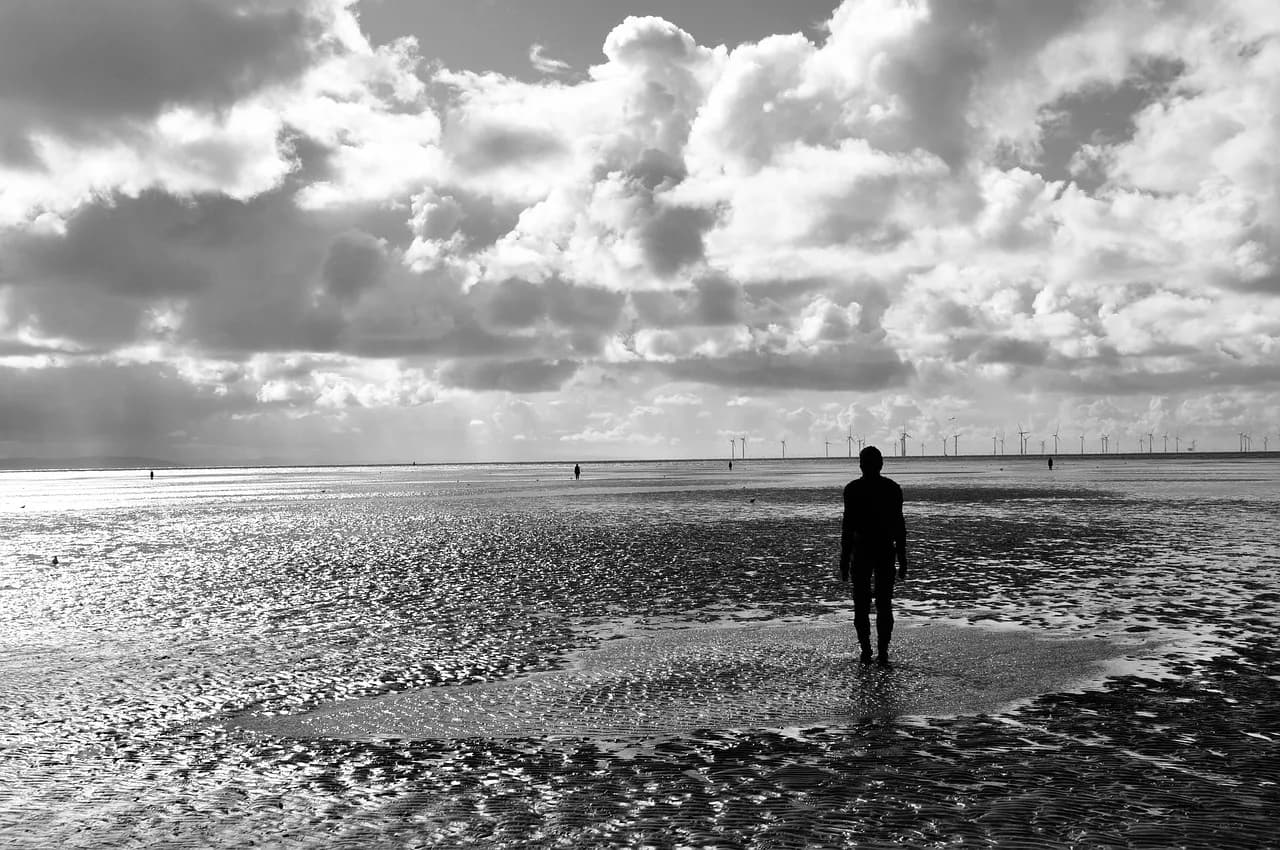 Anthony Minghella — anthony gormley, sculpture, crosby, merseyside, liverpool, nature, england, mersey, gormley, anthony, beach, seaside, vacation, shore, seashore, black and white