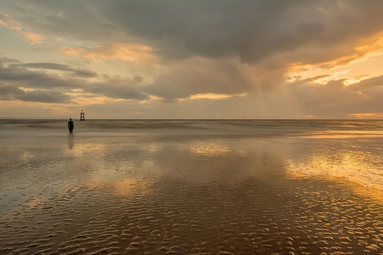 Anthony Minghella — crosby beach, liverpool, sculpture, another place, anthony gormley, seaside, seashore, clouds, low tide, wet sand, reflections, beach, nature, sunset