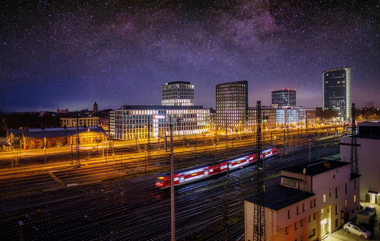 Karl Mannheim — buildings, nature, skyscrapers, train, transport, city, skyline, night, sky, starry sky, night sky, milky way, traffic, lighting, mannheim, germany