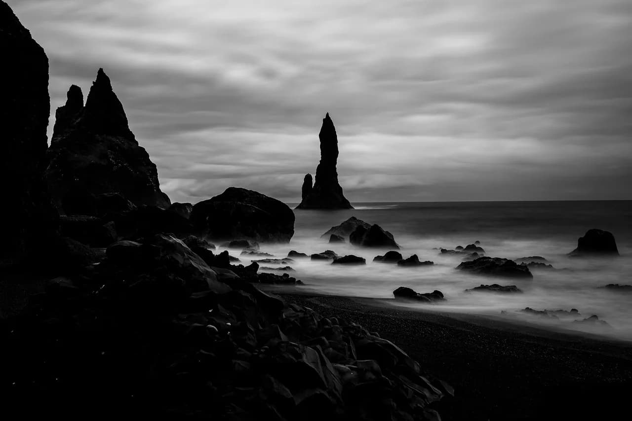 Edward B. Lewis — iceland, landscape, water, heaven, waters, sea, waves, rock, nature, stone, black-and-white, b w, silhouette, vik, offering a view