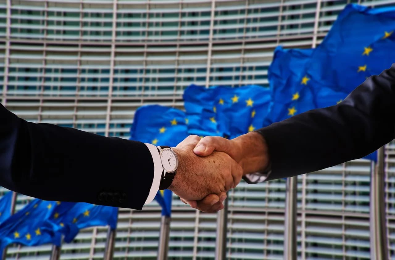 Tsukasa Hosaka — handshake, shaking hands, europe, flag, banner, politics, politician, business people, merchants, negotiation, politician, politician, politician, politician, politician