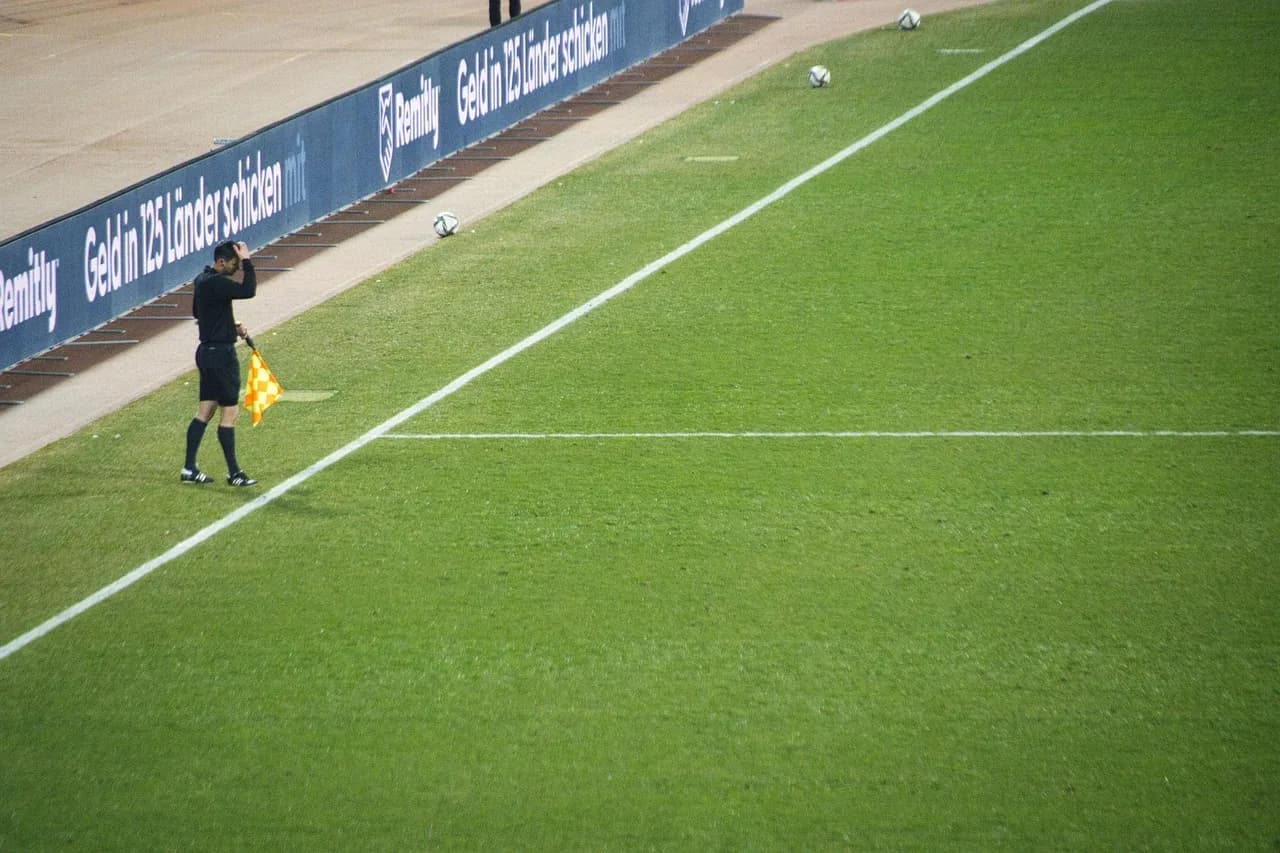 Teiichi Matsumaru — referee, impartial, banner, soccer, football pitch, game, football, field, player