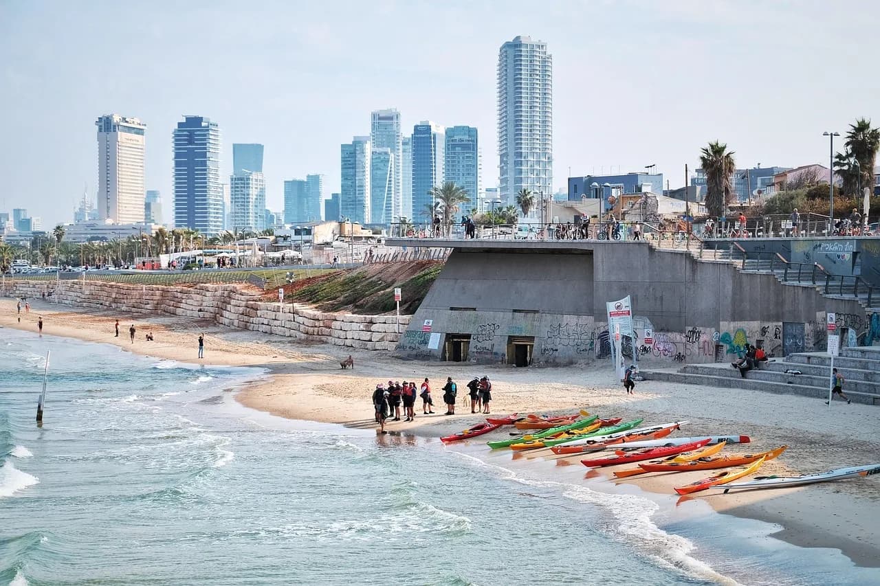 Israel Kamakawiwoʻole — tel aviv, city, beach, coast, nature, sea, kayaks, buildings, scenery, israel