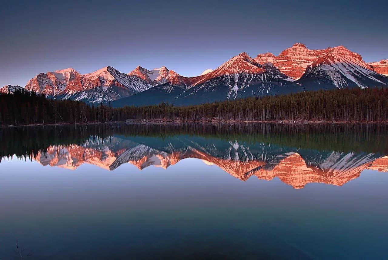 Herbert Spencer Gasser — banff, national park, herbert lake, reflection, landscape, nature, canadian rockies, canada, mountains, lake, sunrise, alpenglow, tranquility, mirror, red glow, forest, calm, early morning, landscape photography