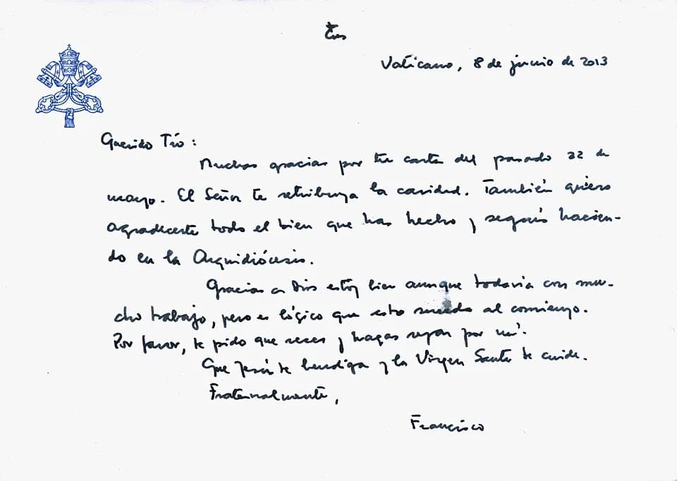Pope Francis - A hand-written letter sent by Pope Francis to Mgr Roberto Lella, chaplain of the Monasterio Santa Teresa de Jesús and former director of the pastoral healthcare in the Archdiocese of Bu