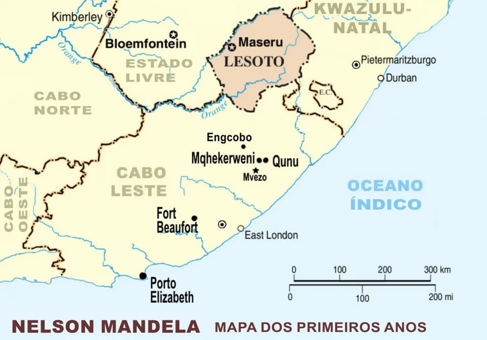 Nelson Mandela - Mapa dos primeiros anos de Nelson Mandela; contexto geográfico