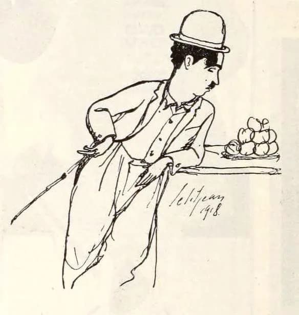 Charlie Chaplin - Caricature of Charlie Chaplin in A Dog's Life by Petitjean, page 46 November 1921 Photoplay.