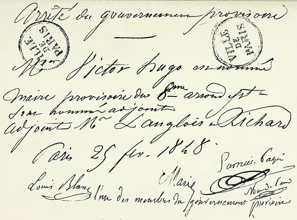 Victor Hugo - Fac similé du brevet de maire provisoire du 8e arrondissement octroyé à Victor Hugo par le gouvernement provisoire en février 1848, publié dans Choses vues, Ollendorff, 1913