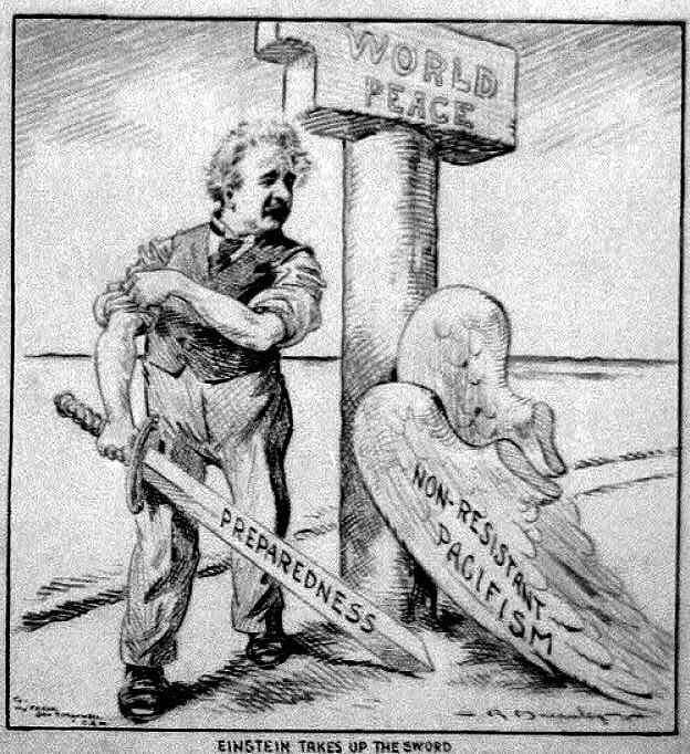 Albert Einstein - Cartoon drawing "Einstein takes up the sword", published in Brooklyn Eagle.
Cartoon shows Albert Einstein, who has shed his wings (labeled "Non- Resistant Pacifism"), standing next t