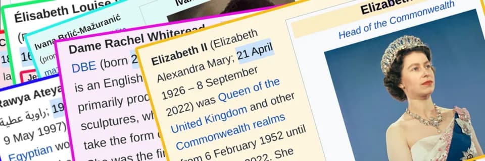 Elizabeth II - Banners for Women in Red in April. The #WikiWomenInRed twitter feed used this. Made from modified Wikipedia page screen shots