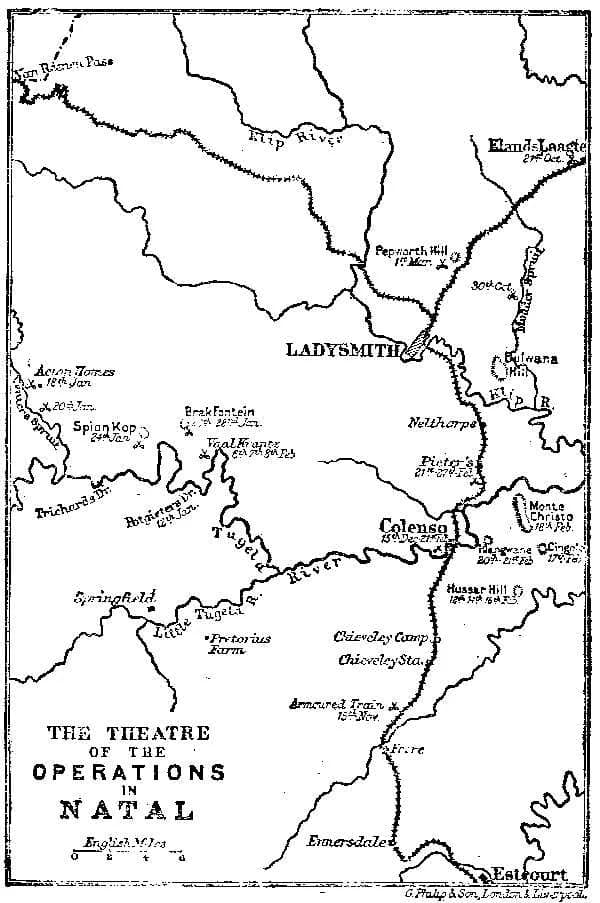 Winston Churchill - Map of the environs of Ladysmith with battle locations of the Second Boer War (1899-1902). Book illustration. "The theatre of the operations in Natal."