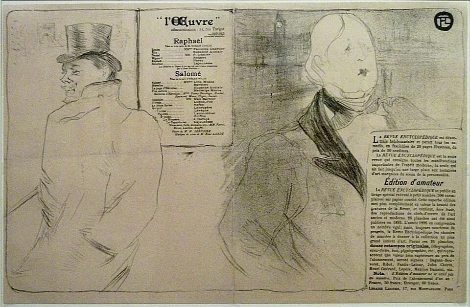 Oscar Wilde - 1896 programme for "Raphael" and "Salome" showing portraits of Romain Coolus and Oscar Wilde, by Henri de Toulouse-Lautrec.  Techniques used were crayon brush and spatter lithograph.  On