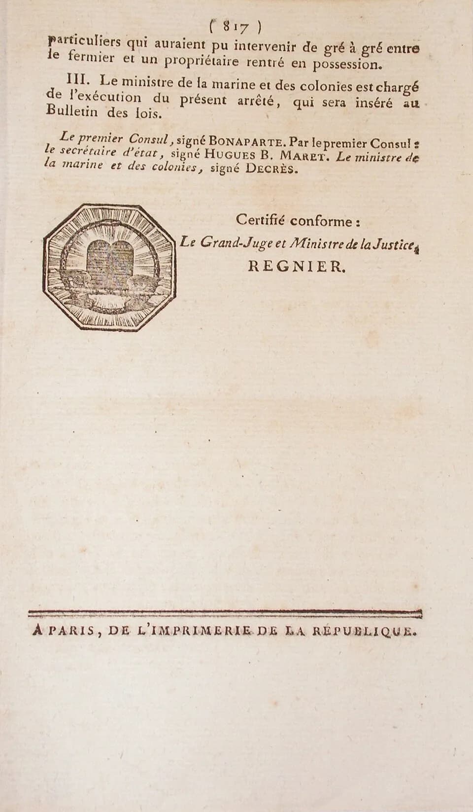 Napoleon Napoleon - Arrêté relatif aux Fermes d'habitations, maisons et magasins à Saint-Domingue et à la Guadeloupe p817