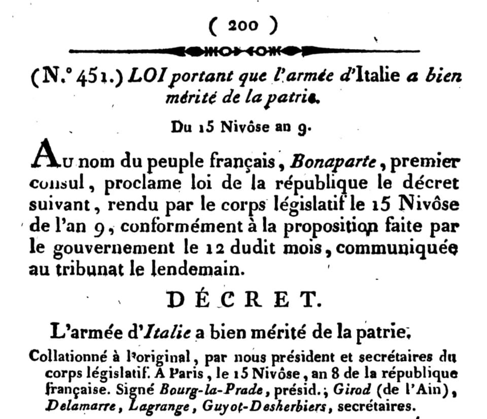 Napoleon Napoleon - Lw and decree stating that the Amry of Italy has Bien mérité de la Patrie