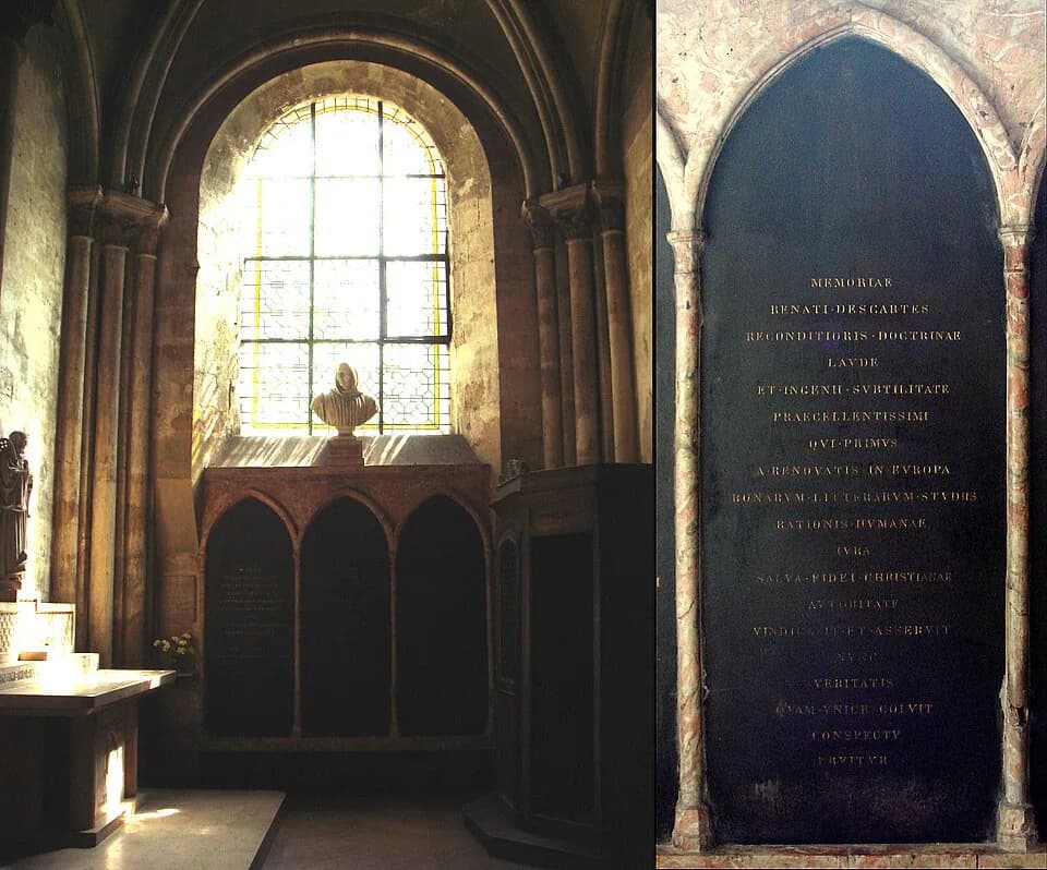 René Descartes - La tumba de Descartes (en el centro), con vista detallada de la inscripción, en la iglesia de Saint-Germain-des-Prés, París.