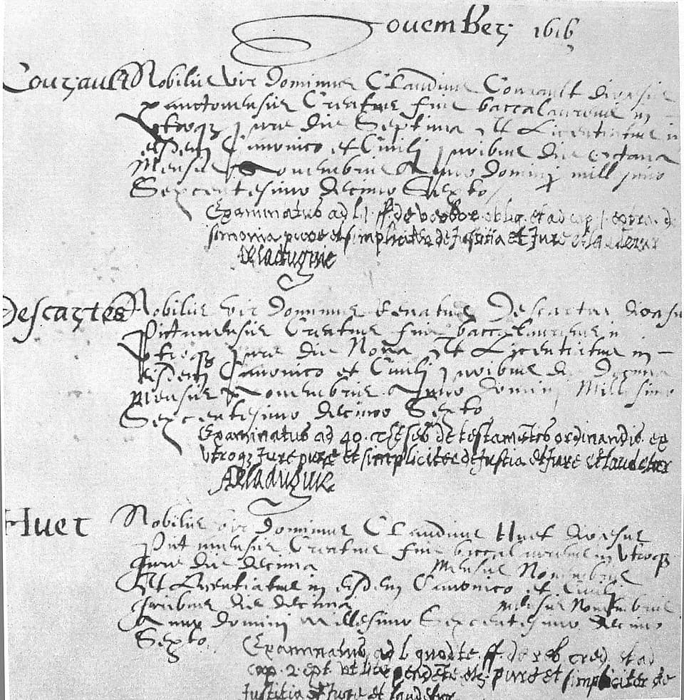 René Descartes - University of Poitiers (Bachelor and License of Laws) graduation registry for Decartes, 1616.