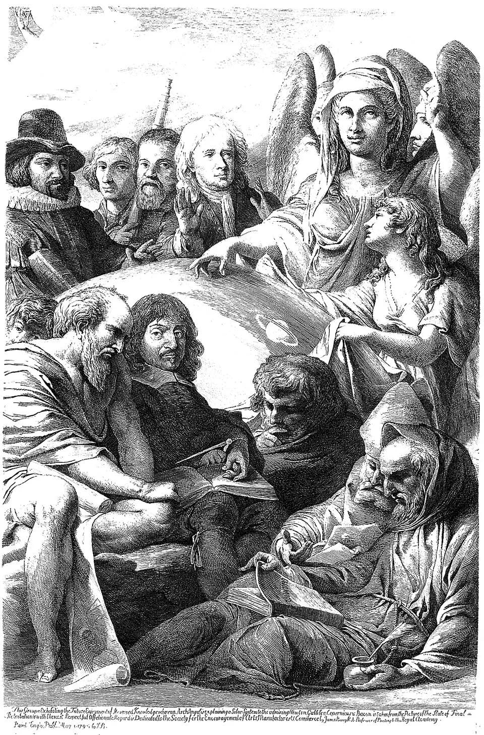 René Descartes - An archangel revealing the physical nature of the universe to a group of natural philosophers and mathematicians. Etching by James Barry, 1795, after his painting.
Iconographic Colle