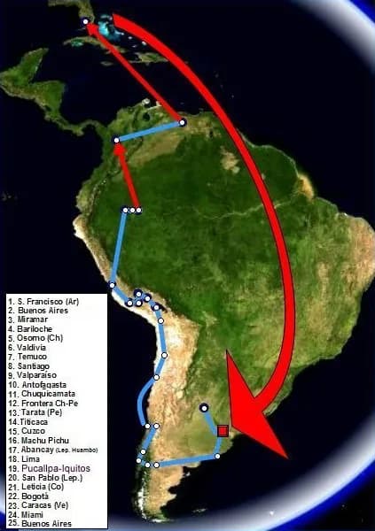 Che Guevara - Map of the first voyage of Ernesto Guevara and Alberto Granado.  1952.  Red arrows correspond to travel by airplane.