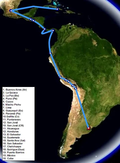 Che Guevara - Map of the second journey of Ernesto Guevara.  1953-56