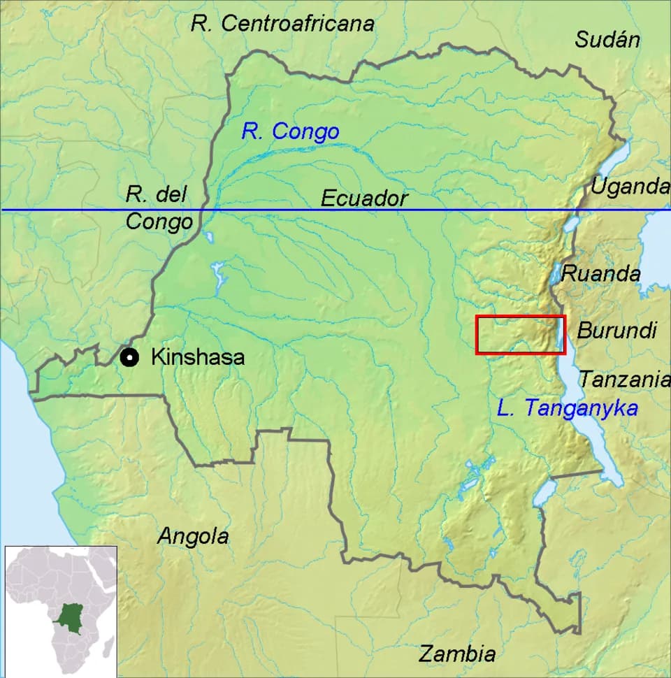 Che Guevara - Mapa de R.D. Congo. Indicación de principales lugares y lugar de actuación de la guerrilla en 1965 cuando el Che Guevara actuó allí