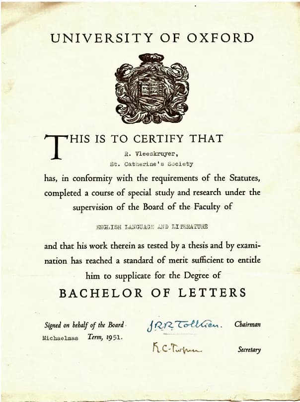 J. R. R. Tolkien - Bachelor of Letters Degree Oxford 1951, signed by J.R.R. Tolkien