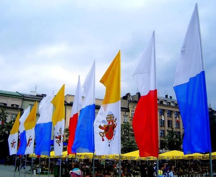 Benedict XVI - Polish, papal and Marian flags on the Grand Square (Rynek Główny) in Kraków, Poland during Pope Benedict XVI visit in May 2006.