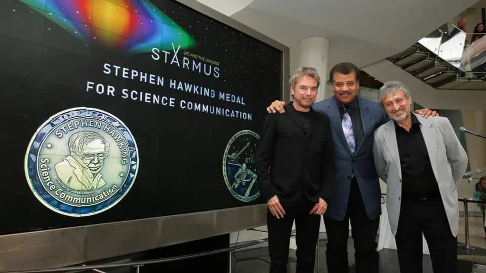 Stephen Hawking - Two of the winners of the Stephen Hawking Medal for Science Communication 2017. Left to right: Jean-Michel Jarre, Neil deGrasse Tyson, Garik Israelian (director of the Starmus festiv