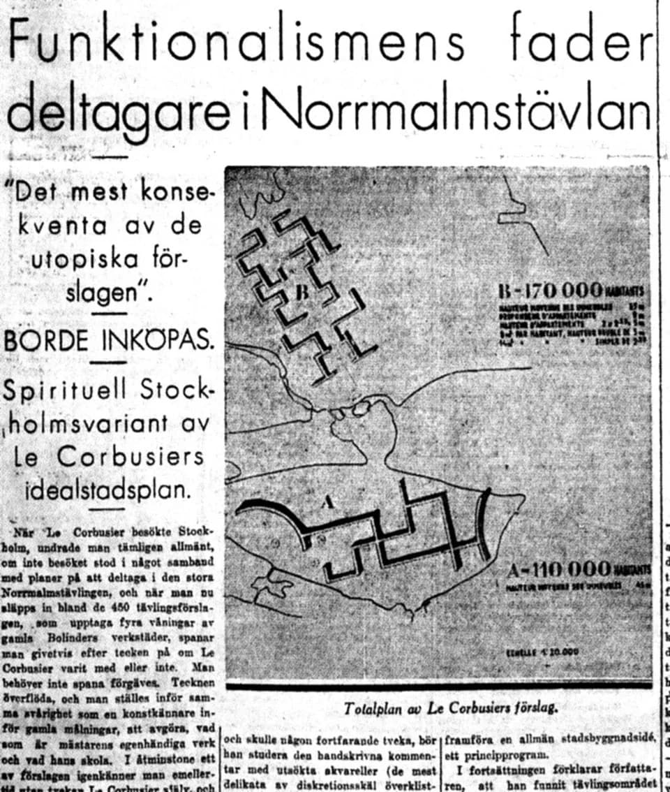 Le Corbusier - Svenska Dagbladet, tidningsklipp med Le Corbusiers förslag till Norrmalmstävlingen
