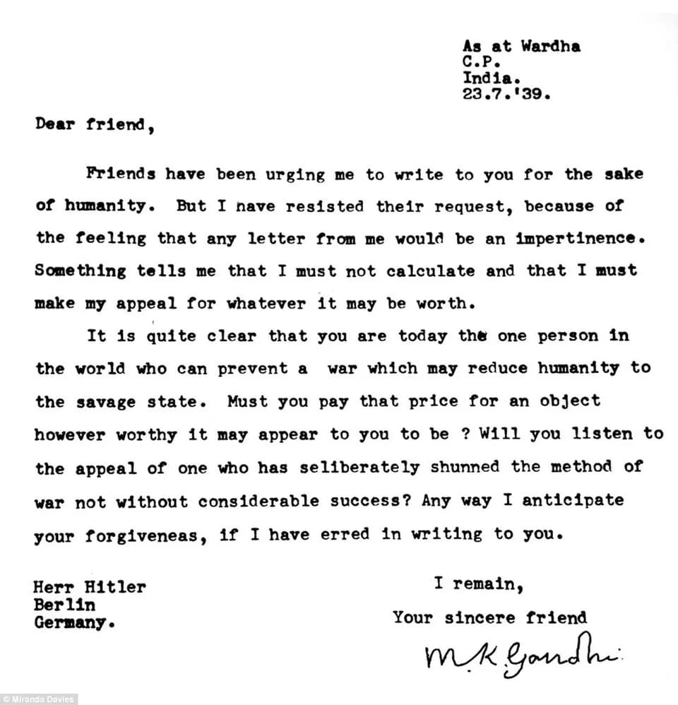 Adolf Hitler - Gandhi's letter to Hitler, July 23rd, 1939.