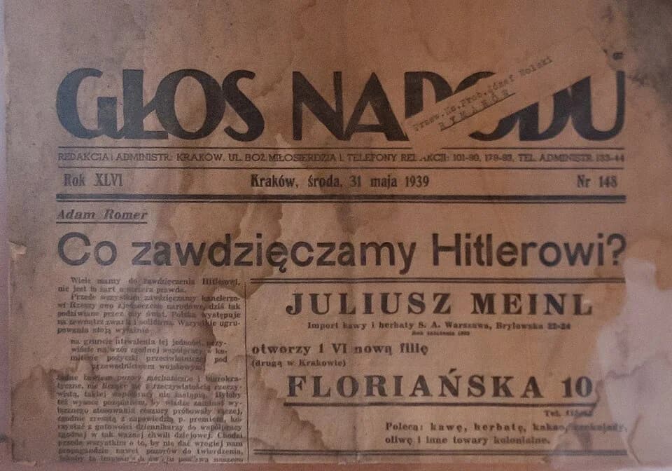 Adolf Hitler - Gazeta "Głos Narodu" z 31. maja 1939 r., ekspozycja Izby Regionalnej w Rymanowie.