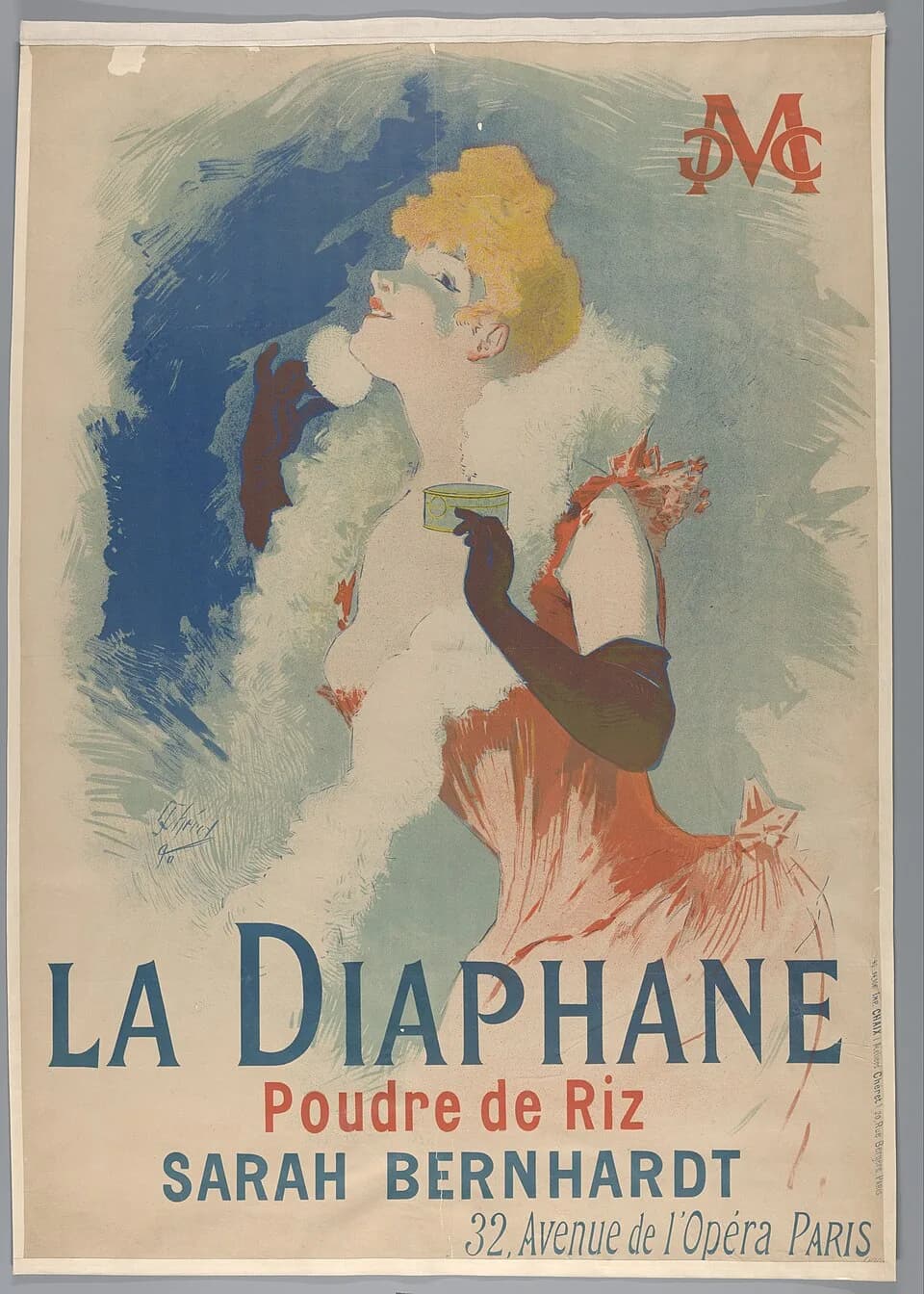 Sarah Bernhardt - IdentificatieTitel(s): La Diaphane. Poudre de Riz , 1890Objecttype: affiche Objectnummer: RP-P-1912-2481VervaardigingVervaardiger: Jules ChéretDatering: 1890Afmetingen: b 858 mm × l 