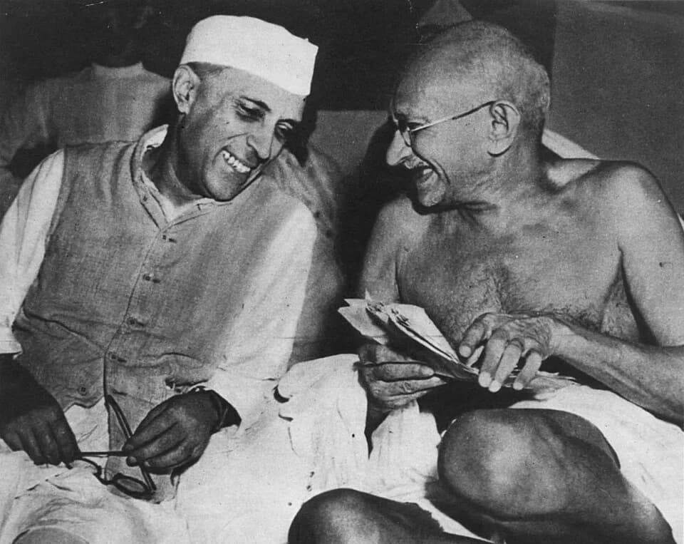 Jawaharlal Nehru - Jawaharlal Nehru sharing a joke with Mahatma Gandhi, Mumbai, July 6, 1946.