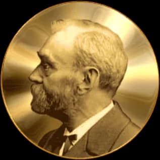 Alfred Nobel - color treated public domain photograph of Alfred Nobel set in a circular, gilt background. This is a new copy in *.png version