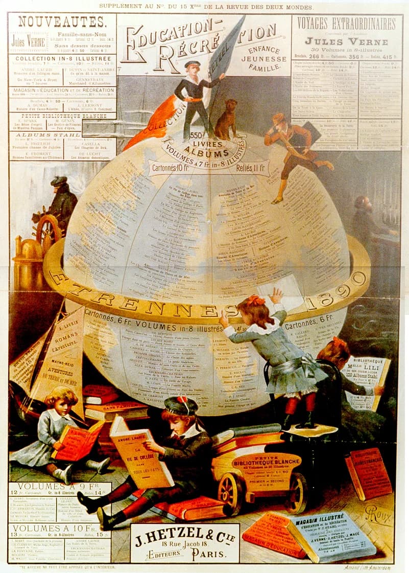 Jules Verne - Full-page magazine advertisement by George Roux for J. Hetzel & Cie., a Paris publishing house founded by Pierre-Jules Hetzel. The ad highlights Hetzel's publications for the young,