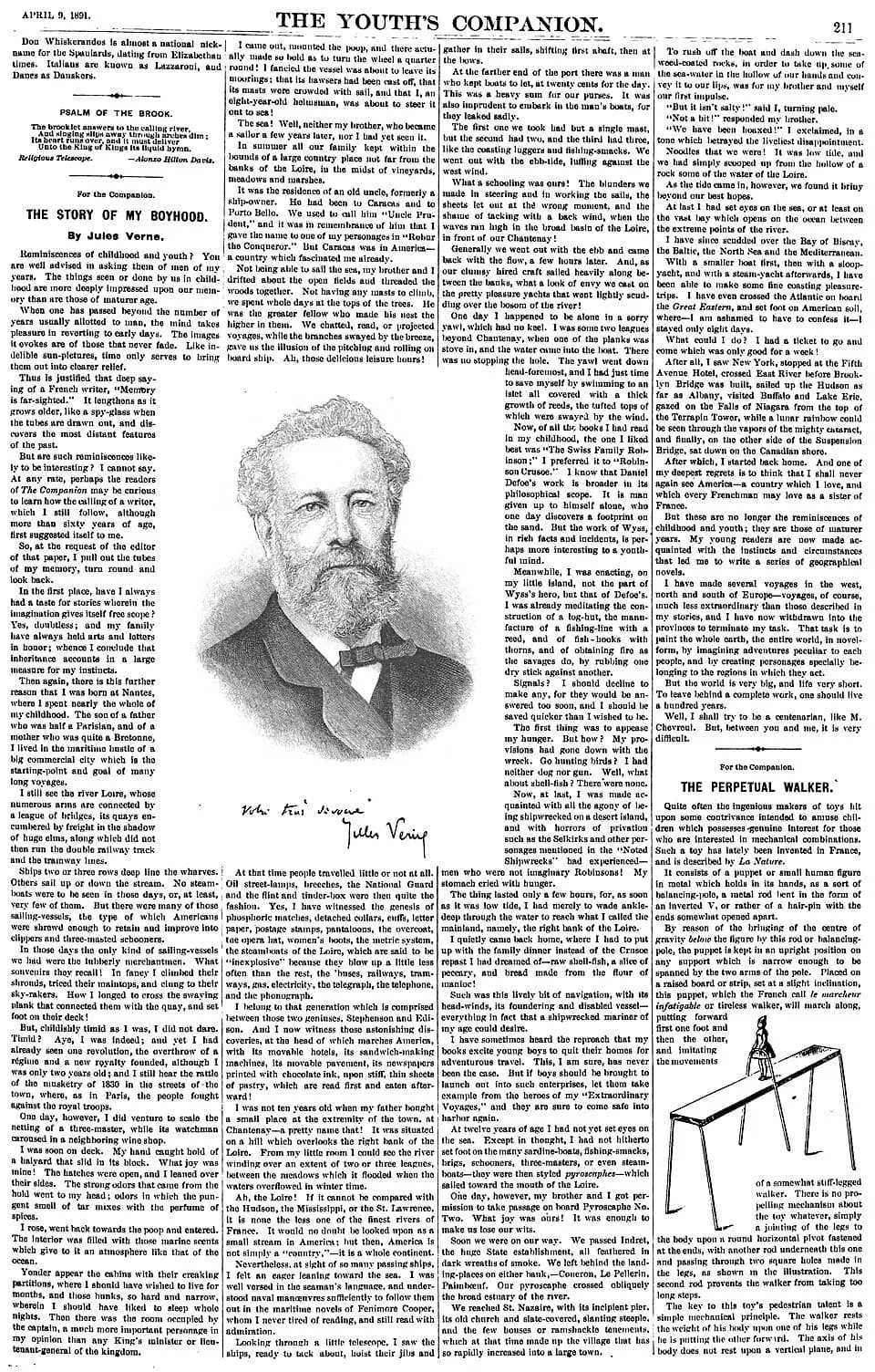 Jules Verne - "The Story of My Boyhood", an anonymous English translation of Jules Verne's essay "Souvenirs d’enfance et de jeunesse," in The Youth's Companion 64:15 (April 9, 1891).