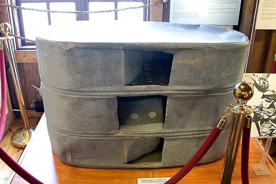 Roald Amundsen - Recovered fuel tank from the Latham 47 flight that was lost in 1928 along with Roald Amundsen. Currently in the Polarmuseet in Tromso, Norway
