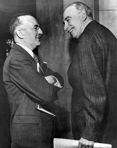 John Maynard Keynes - Assistant Secretary, U.S. Treasury, Harry Dexter White (left) and John Maynard Keynes, honorary advisor to the U.K. Treasury at the inaugural meeting of the International Monetar