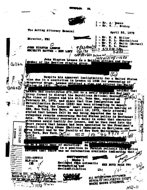 John Lennon - In the early 1970s, the US government conducted surveillance on ex-Beatle John Lennon. This is a letter from FBI director J. Edgar Hoover to the Attorney General. After a 25-year Freedom